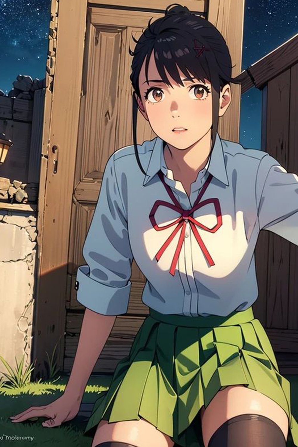 Suzume, con su uniforme de colegio, está sentada contemplativamente frente a una puerta mágica, simbolizando su conexión con el misterio y la aventura que le espera en la película Suzume.